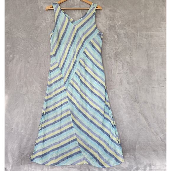 J Jill Linen Dress Womens Medium Petite Long Maxi Love Blue Diagonal Striped PM - Picture 1 of 12